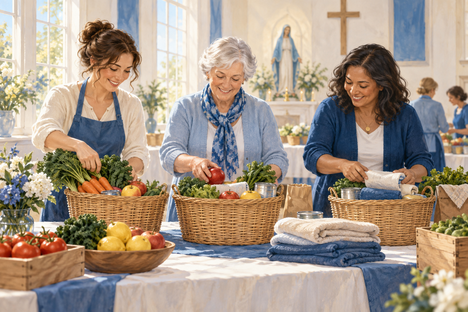 Illustration of women preparing outreach baskets